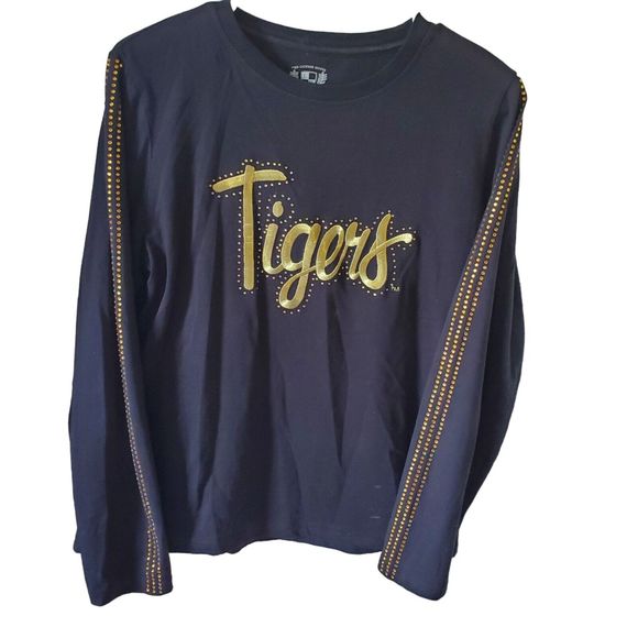 The License House Black Long Sleeve T Shirt Gold Rhinestone Tigers Size Medium - Picture 1 of 7